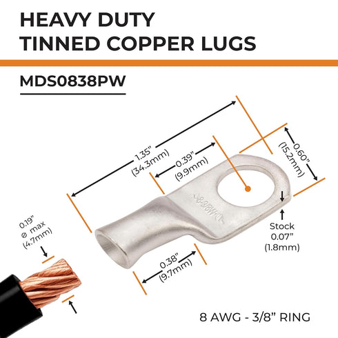 SELTERM 10pcs 8 AWG-3/8 Stud Tinned Copper Wire Lugs, Heavy Duty Battery Cable Ends, UL Marine Grade Connectors