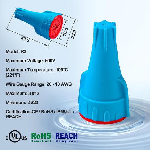 50PCS R3 20-10AWG Waterproof Wire Connectors, Wires, Secure Waterproof Wire Nuts with Reliable Seal for Outdoor Use