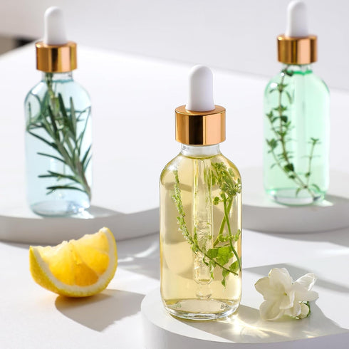 AOZITA 4 Set of 2 oz Clear Dropper Bottles (60ml) with 1 Funnel & 4 Labels - Glass Tincture Bottles for Essential Oils