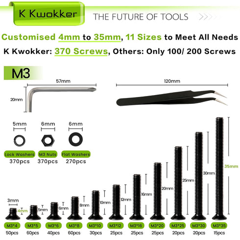 K Kwokker 1480Pcs M3 4mm 35mm M3 Countersunk 3D 4/5/6/8/10/12/16/20/25/30/35mm Flat Head Phillips Machine Screws