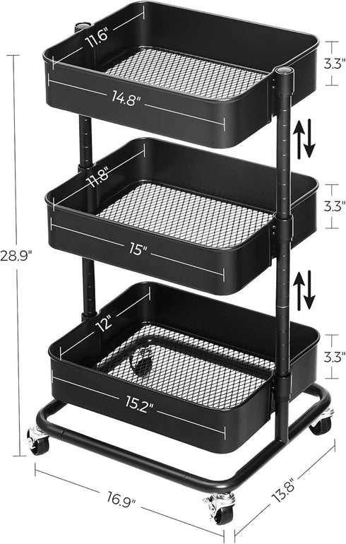 SONGMICS 3-Tier Metal Rolling Cart, Utility Kitchen Cart with Adjustable Shelves, Storage Trolley, Black UBSC60B