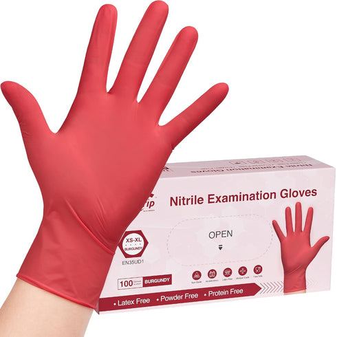 Disposable Nitrile Exam Gloves - Small Box of 100, Burgundy, Latex-Free, Medical Grade