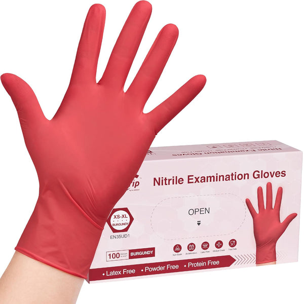 Disposable Nitrile Exam Gloves - Small Box of 100, Burgundy, Latex-Free, Medical Grade