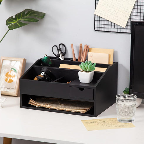 Wood Desk Drawer Organizers with File Organizer and Pen Holder, Black Office Decor Combo for Desk Organization