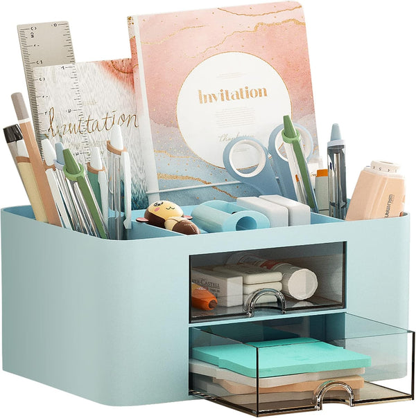 Marbrasse Pen Organizer with 2 Drawers, Multi-Functional Pencil Holder for Desk Accessories