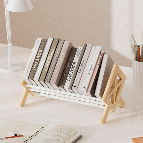 Wood Desktop Bookshelf Organizer - Tilting Bookcase for Books/CDs/Magazine Display, Office Tabletop Storage Rack (White)