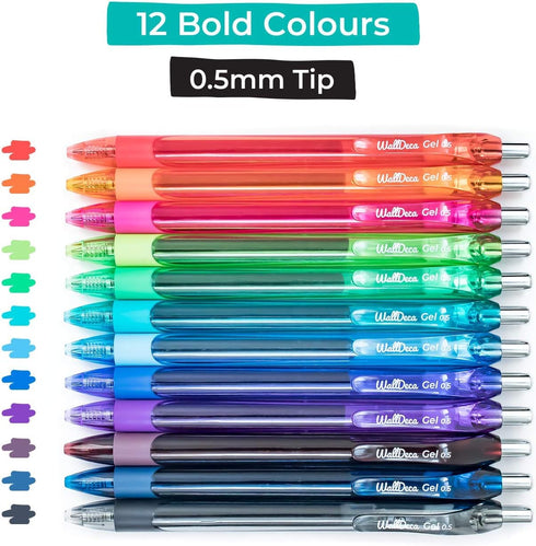 WallDeca Colored Gel Pens Set - 12 Count - Fine Point Gel Pens for Note Taking and Everyday Writing