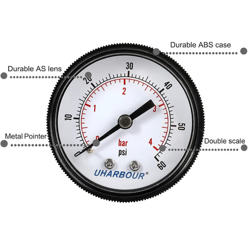 Pool Pressure Gauge, 1/4"NPT Back Mount Swimming Pool Filter Pressure Gauge, Range from 0 to 60psi/kpa
