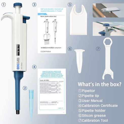 ONiLAB 50-200ul High-Accurate Single-Channel Manual Adjustable Variable Volume Pipettes, 7010101011