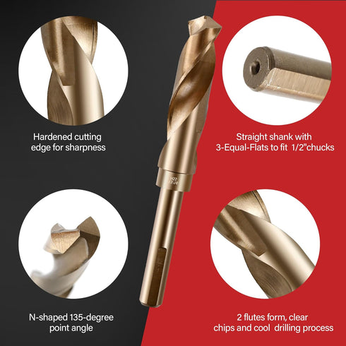 Reduced Shank Drill Bit Set, 8Pcs High-Speed Steel, 1/2” Deming Large Drill Bit Set for Home DIY, General Building,