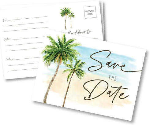 Your Main Event Prints Beach Palm Tree Wedding Save The Date Cards