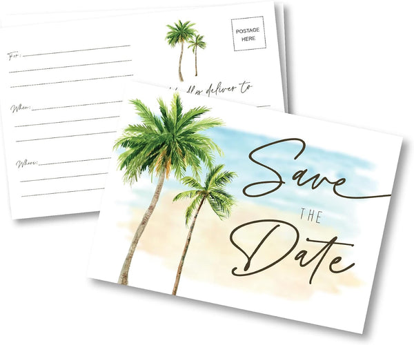 Your Main Event Prints Beach Palm Tree Wedding Save The Date Cards