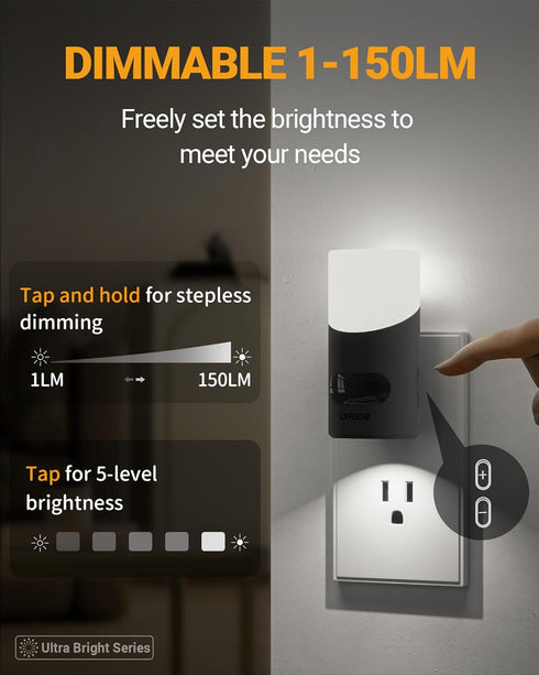Lyridz Motion Sensor Night Light, LED Plug into Wall, 1-150LM Dimmable Indoor Night Light for Hallway, Stairs