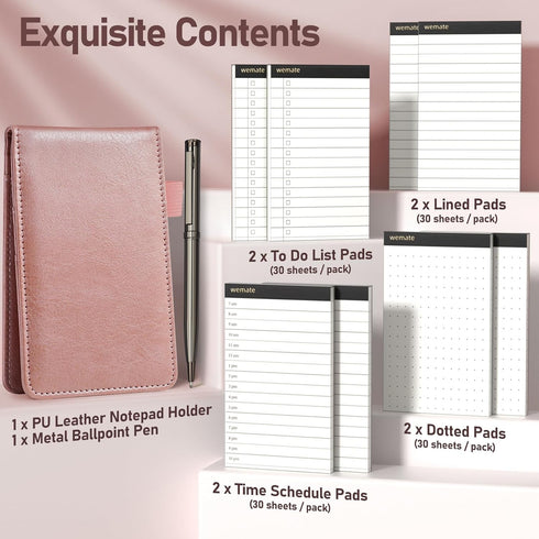 WEMATE 10 Pieces Small Notepad Holder Set, Pocket Notebook with 8 Memo Book Refills and Metal Pen, 3 x 5 Inch, Rose Gold