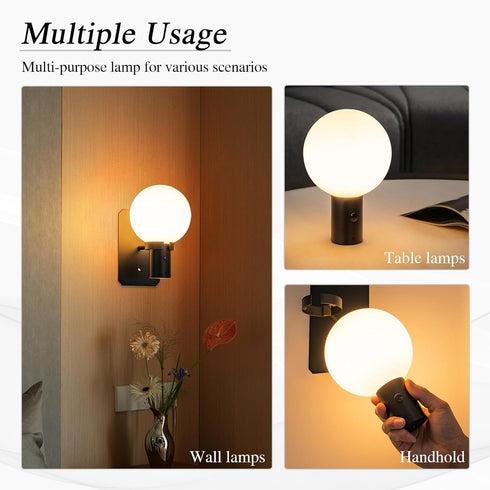 KSNALUX Set Dimmable 2700K Black LED Wall Sconces of Two Round Wall Lamp with Remote Cordless Lamp USB Rechargeable