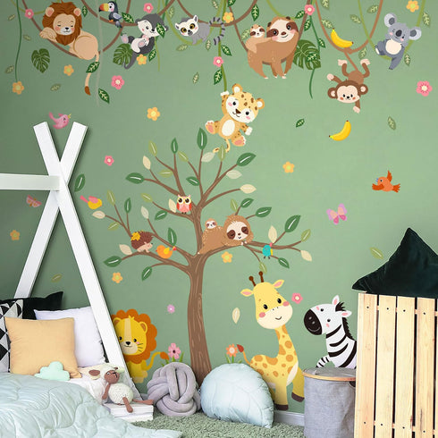 CharmFlo 62.59x90.94 Large Jungle Safari Wall Decals Animals Climbing Trees Removable Peel and Stick Wall Art
