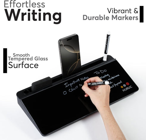 Glass Desktop Whiteboard with Storage, 15.3"x7.08"x2.16" Dry Erase Board with Markers & Duster for Home, Office, School