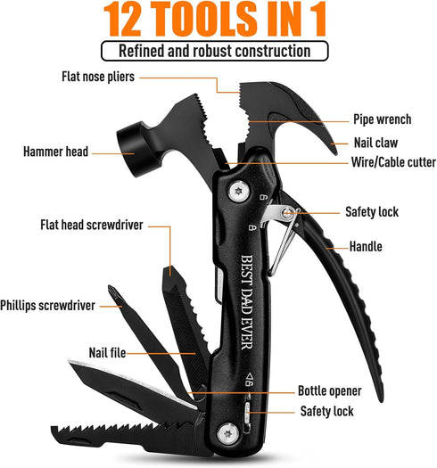 BIIB Father's Day Gifts from Daughter Wife Son, 12 in 1 Hammer Multitool Dad Gifts, Father's Day Gifts for Dad, Birthday Gifts for Men, Him, Grandpa, Camping Essentials Camping Gear Tools for Men