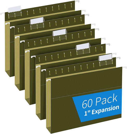 RAZCC Extra Capacity Hanging File Folders, 60 Pack, Letter Size, Reinforced with Heavy Duty 1 Inch Expansion for Bulky
