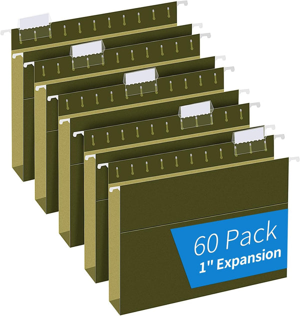 RAZCC Extra Capacity Hanging File Folders, 60 Pack, Letter Size, Reinforced with Heavy Duty 1 Inch Expansion for Bulky