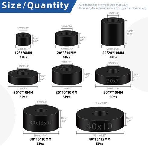 Glarks 40Pcs 8 Sizes Round Rubber Spacer Assortment Kit, Multi Purpose Black Round Neoprene Washers Anti Vibration Rubber Spacer Bushings for Electrical Repair and Home Car Accessories