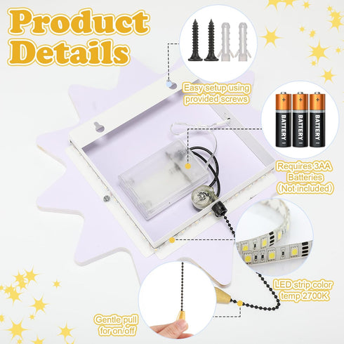Aurelema Sun Night Light Wall Lamp Sleeping Nursery Lighting Cute Floating Battery Operated Hanging Lamp for Baby Boys
