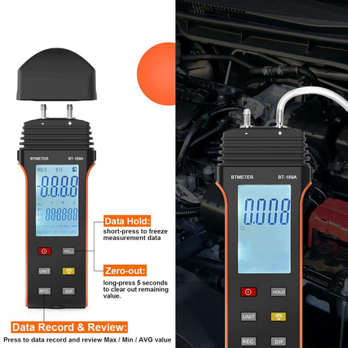 BTMETER Manometer HVAC Gas Pressure Tester 189A, Dual-Port Air Pressure Meter Gauge with Hose Kit