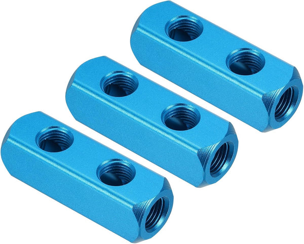 PATIKIL 2 Way 5 Port Air Manifold, 3 Pack G1/4 Inch Aluminum Air Hose Inline Manifold Block Splitter