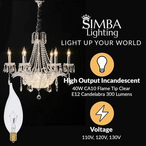 CA10 40W E12 (12 Pack) Bulbs 120V Dimmable, 2700K Simba Lighting Candelabra Flame Tip Clear Base Decorative
