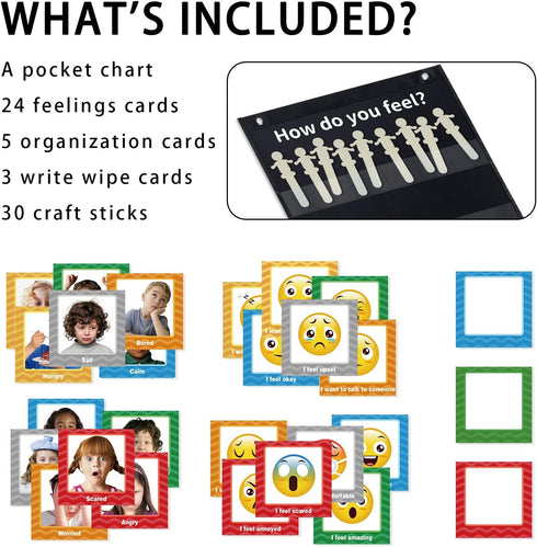 Emotions Feelings Pocket Chart, Classroom Chart with 24 Cards for Preschool Teacher, Daycare Decor, Social Emotional