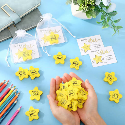 Spakon Christmas Inspirational Gift for Kids, Motivational Star Shaped Erasers and Cards with Organza Bags