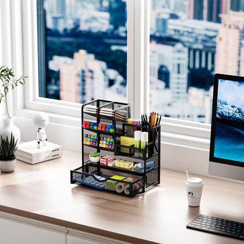 Marbrasse Mesh Pen Holder for Desk, Multi-Functional Organizer with Drawer for Office Art Supplies