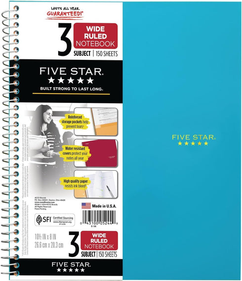 Five Star Spiral Notebooks, 3 Subject, Wide Ruled, 150 Sheets, 10-1/2" x 8", Gray, Lime, Teal, 3 Pack