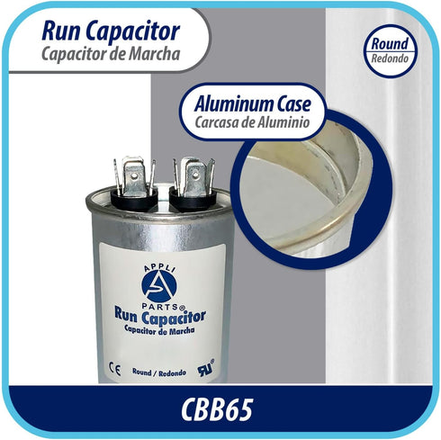 Appli Parts Run Capacitor for AC, 7.5 Mfd uF, 370/450 VAC, CBB65 Round Universal Fit for HVAC, 2-1/2" High, 1-1/2" Wide
