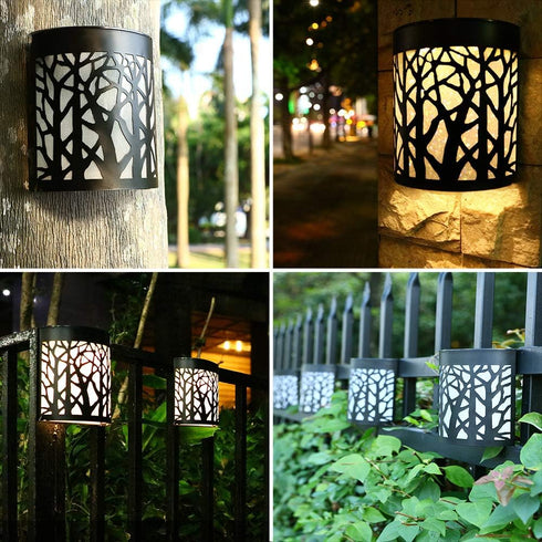 DenicMic (2 Pack) Solar Wall Lights Outdoor Wall Sconce Fence Lighting for Patio Front Door Yard Deck Stair Led Forest