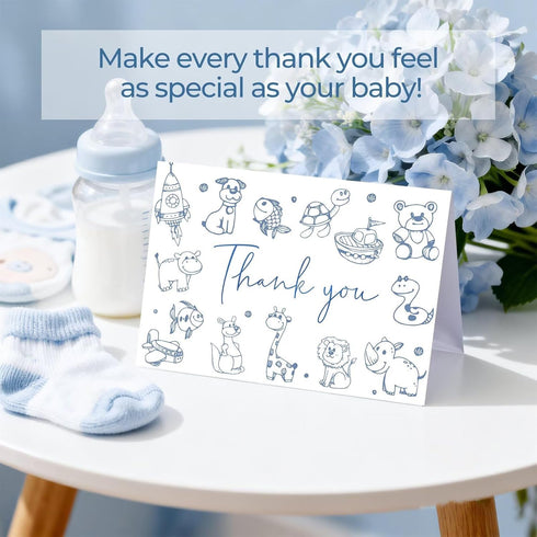 Oaken Leaford 48-Pack Set Baby Shower Thank You Card with Envelopes & Stickers, Cute Blue Cartoon Design Blank Note