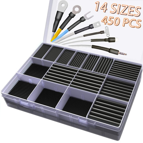 450 Pcs Heat Shrink Tubing Kit, 14 Sizes Black Heat Shrink Tube, Electric Heat Shrink