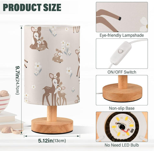 Oarencol Bedside Table Lamp Woodland Animals Nightstand Lamp with Wood Forest Deer Floral Pink Desk Lamps for Bedroom