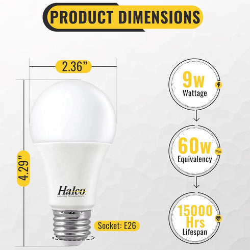 Halco ProLed A19 LED Light Bulbs, 60W Equivalent, Non-Dimmable, Frosted 120V, 9W, 720 Lumen, 6 Pack