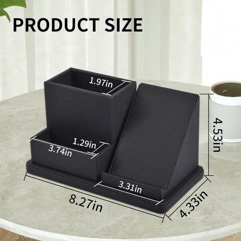 Black Pu Leather Desk Pen/Pencil Organizer with 3 Compartments, Multi-Function Storage Box for Office Supplies