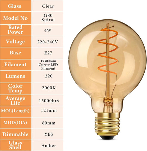 HEWASOL Spiral Dimmable LED Edison Bulbs G80E26 Screw, Non Flicker, 4W Retro Filament LED Vintage Light Bulbs, Soft Warm White 2000K, High CRI95, Amber Glass, 40 Watts Equivalent, (G25(80) 3PACK) by HEWASOL