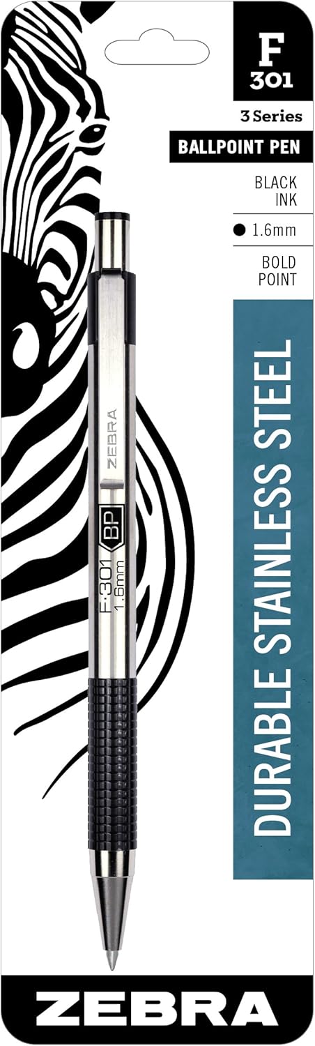 Zebra Pen F-301 Retractable Ballpoint Pen, Stainless Steel Barrel, Bold Point, 1.6mm, Black Ink, 1-Pack