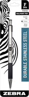 Zebra Pen F-301 Retractable Ballpoint Pen, Stainless Steel Barrel, Bold Point, 1.6mm, Black Ink, 1-Pack