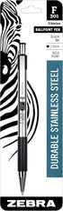 Zebra Pen F-301 Retractable Ballpoint Pen, Stainless Steel Barrel, Bold Point, 1.6mm, Black Ink, 1-Pack