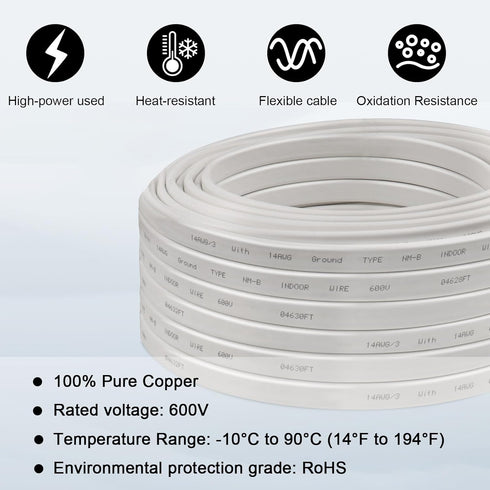 14/3 10FT 14 100% 14 3 Wire with Ground - Gauge NM-B Non-Metallic Sheathed Cable Pure Copper AWG Conductor Residential