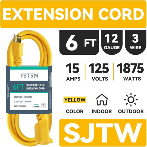 6 ft Indoor Extension Cord, 12/3 SJTW 15 AMP Heavy Duty Yellow Extension Cable with 3 Prong Grounded Plug