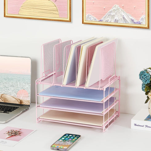 Desk Organizers and Accessories, 3-Tier Paper Organizer with 5 Vertical File Holders for Desk, Workspace Organization,