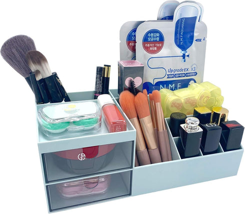 Vanity Makeup Organizer, Cosmetic Storage Box for Office Supplies, Mini Desk Storage for Bathroom or Dresser (Blue)