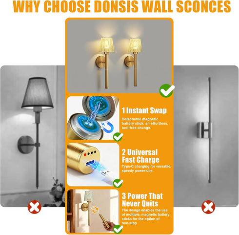 Donsis 5200mAh Magnetic & Detachable Wireless Wall Sconces (Gold) - Rechargeable Battery Bar for Staircase, Bedroom