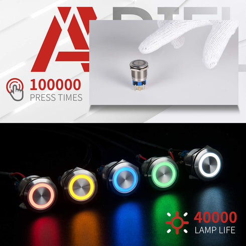 APIELE 22mm Momentary Push Button Switch – 12V Angel Eye LED Waterproof Stainless Steel Round Metal Self-Reset